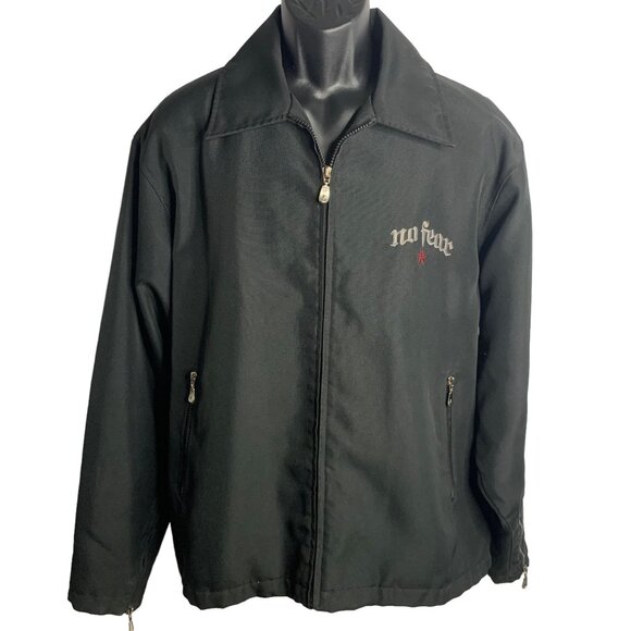 Vintage No Fear Full Zip Riding Jacket L Black Pockets Quilted Lining Embroidery